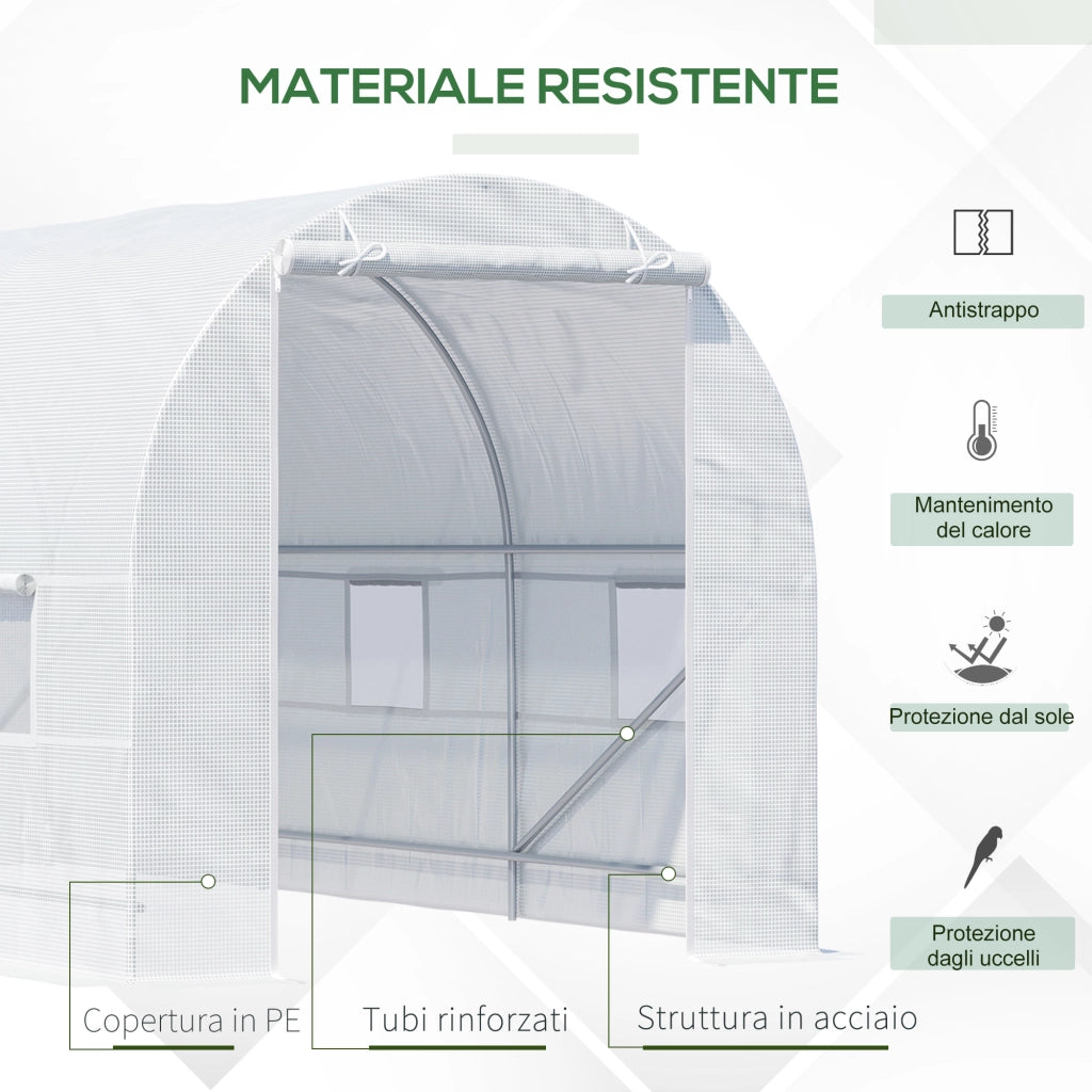 Serra da Giardino a Tunnel 4.5x2x2m con Copertura in PE e Tubi in Metallo, Bianco