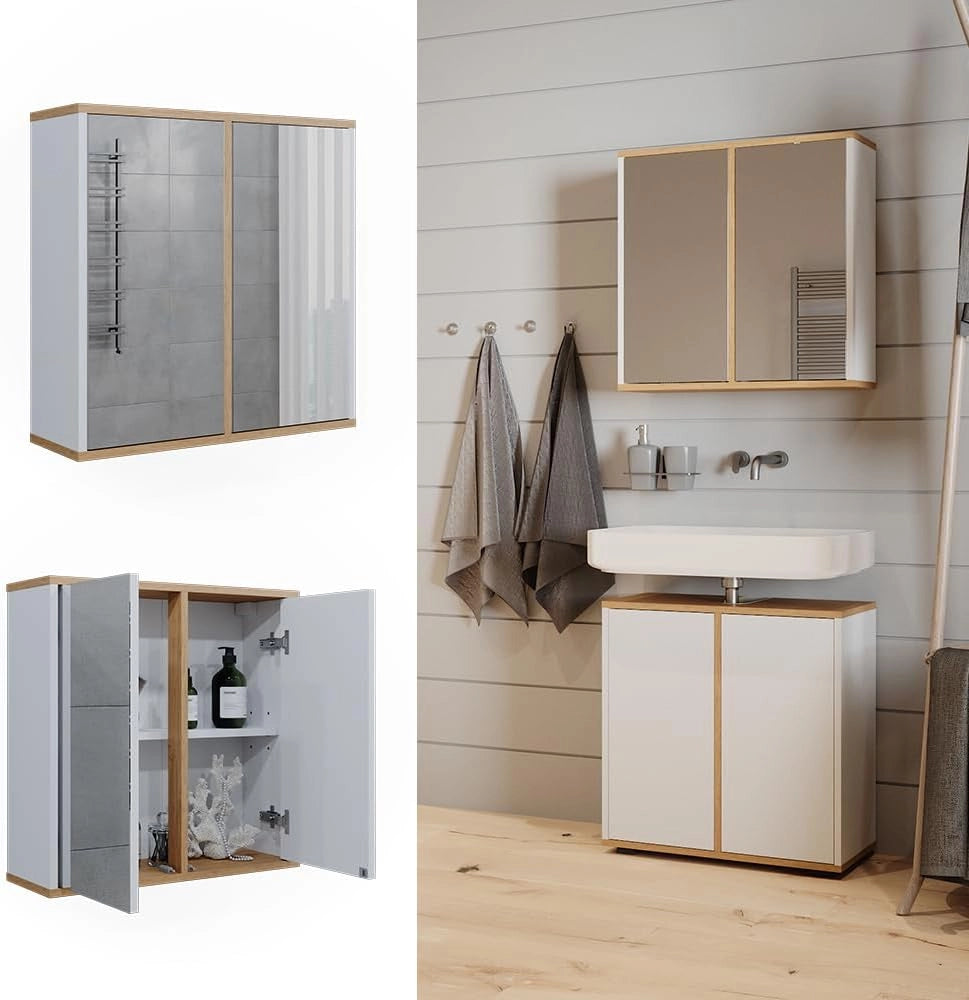 Specchio contenitore bagno Didi, Bianco/Artisan, 60 x 60 cm con due porte a specchio, per la conservazione di articoli da bagno e prodotti per la cura personale