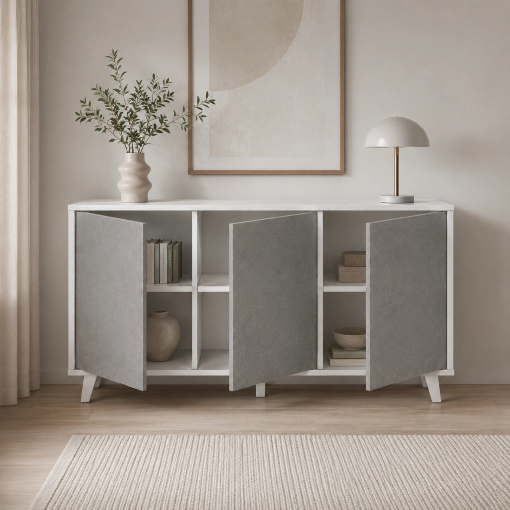 Credenza Gijòn Mobiletto Madia Con 3 Ante Battenti Senza Maniglie In Melaminico Per Soggiorno Salotto E Sala Da Pranzo 154 X 41 X 75 Cm Bianco E Grigio Cemento