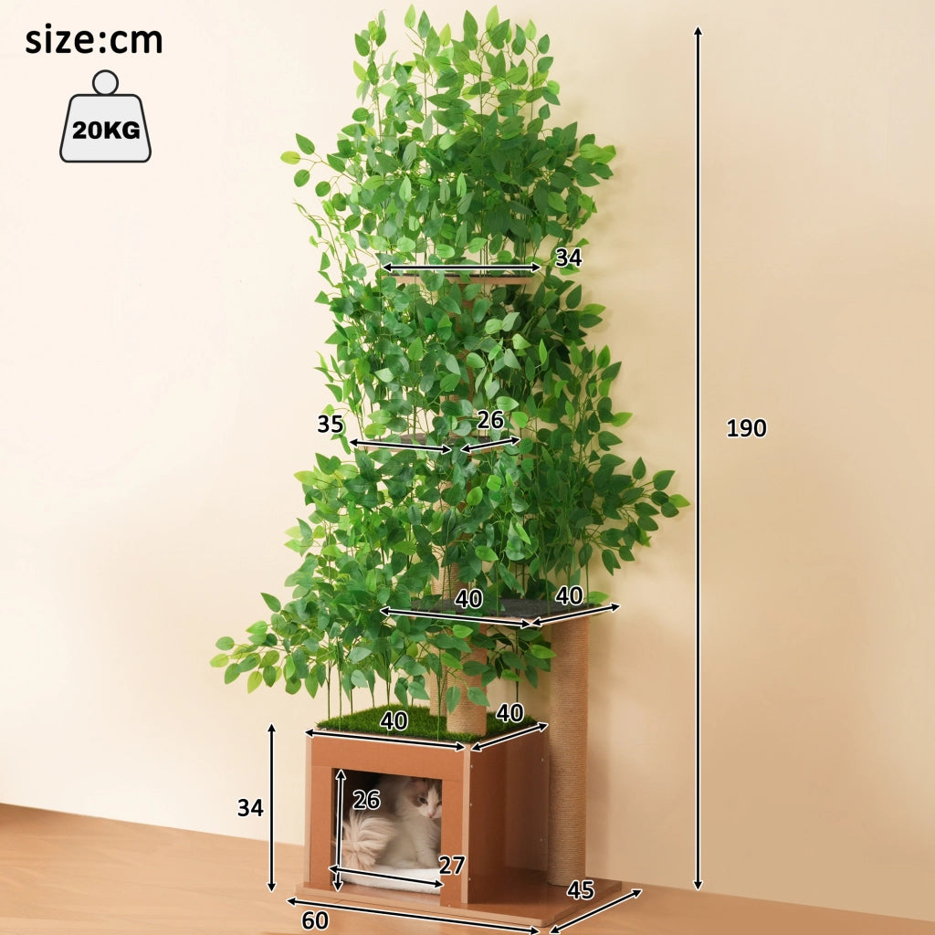 Tiragraffi Albero 190 Cm a Forma di Albero con 4 Piattaforme; Foglie Rimovibili; Antiribaltamento in MDF Verde