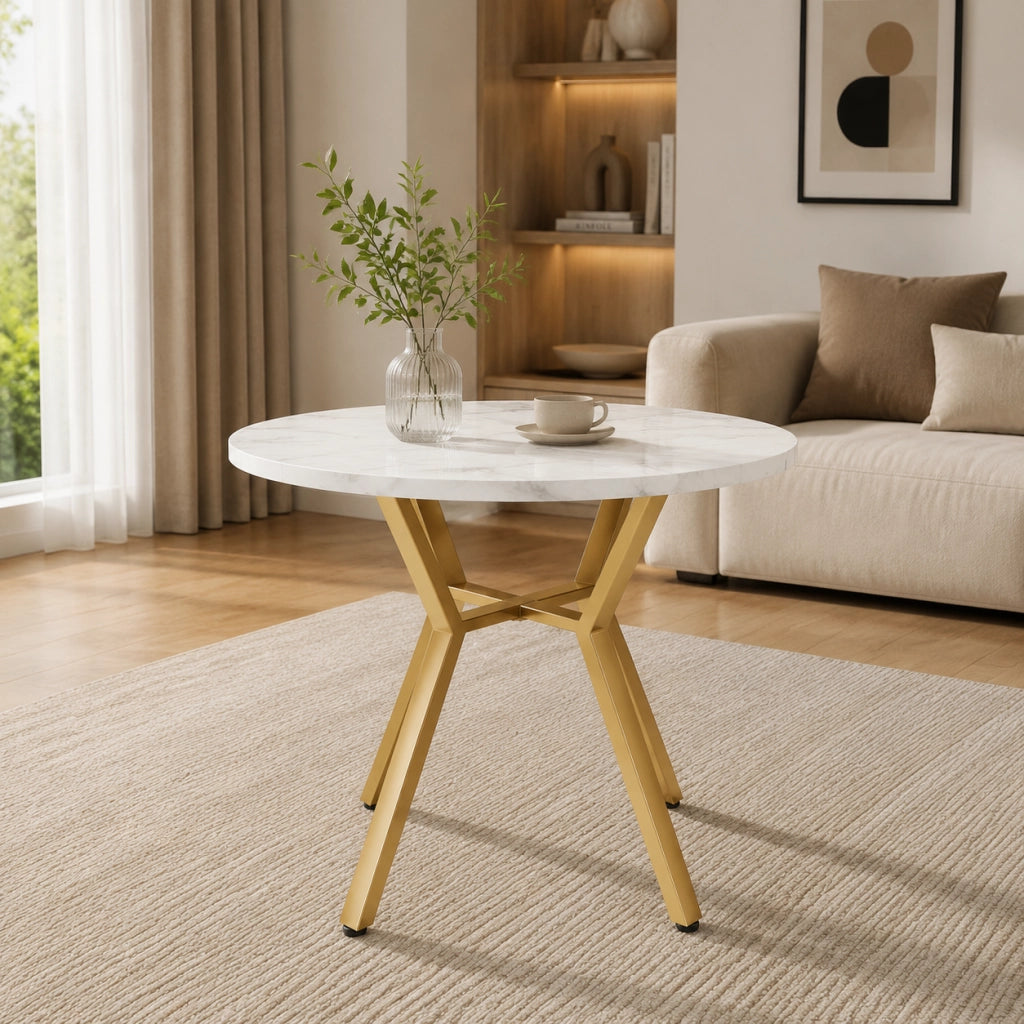 Tavolo da pranzo rotondo 100 cm; MDF effetto marmo bianco con struttura in metallo dorato