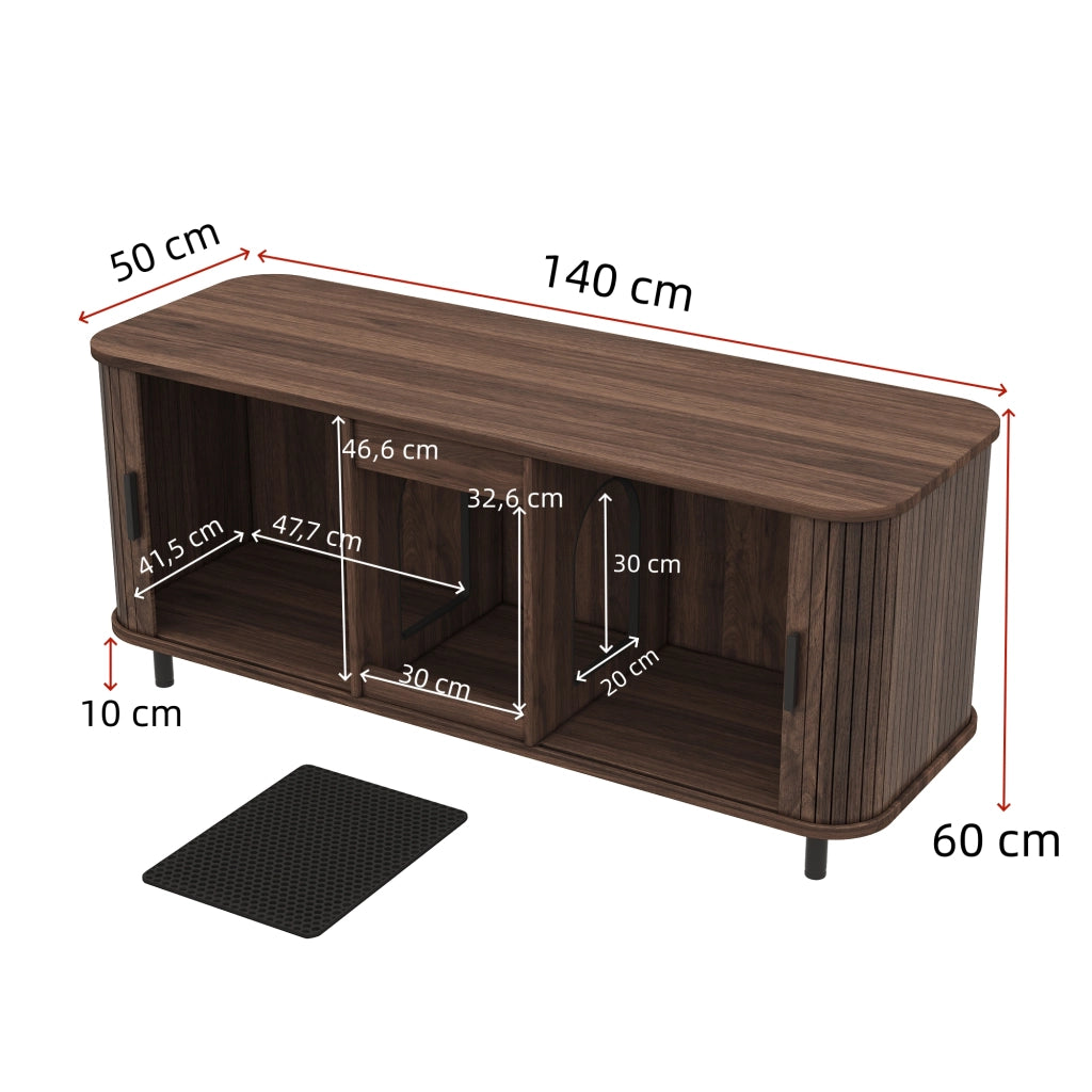 Mobile coperto per lettiera per gatti con 2 vani e porte scorrevoli, per soggiorno, in MDF, noce, 140 × 50 × 60 cm