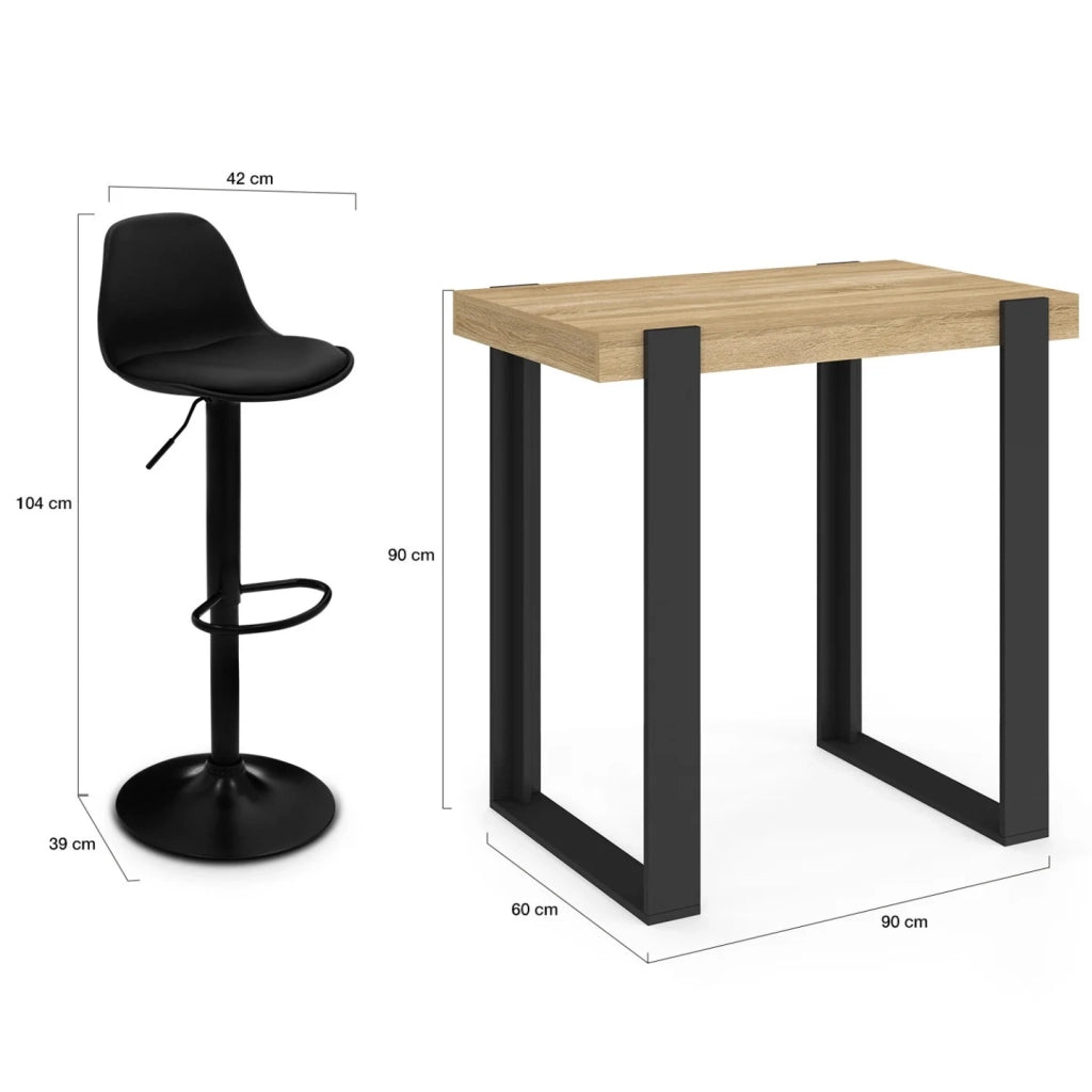 IDMarket - Tavolo da bar PHOENIX in legno e nero e 2 sgabelli KARL neri con gambe nere