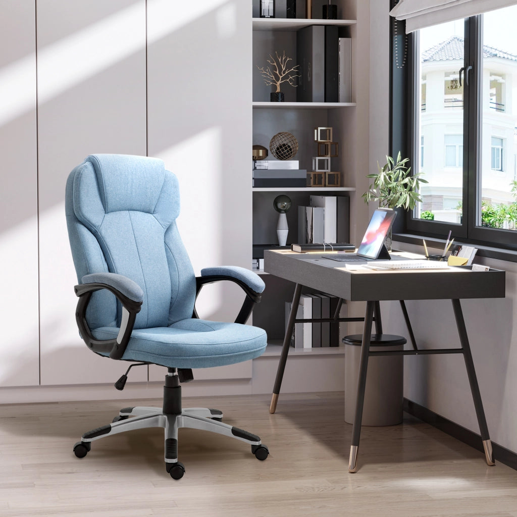 Sedia da ufficio ergonomica con schienale alto, funzione oscillante e altezza regolabile in schiuma azzurro chiaro