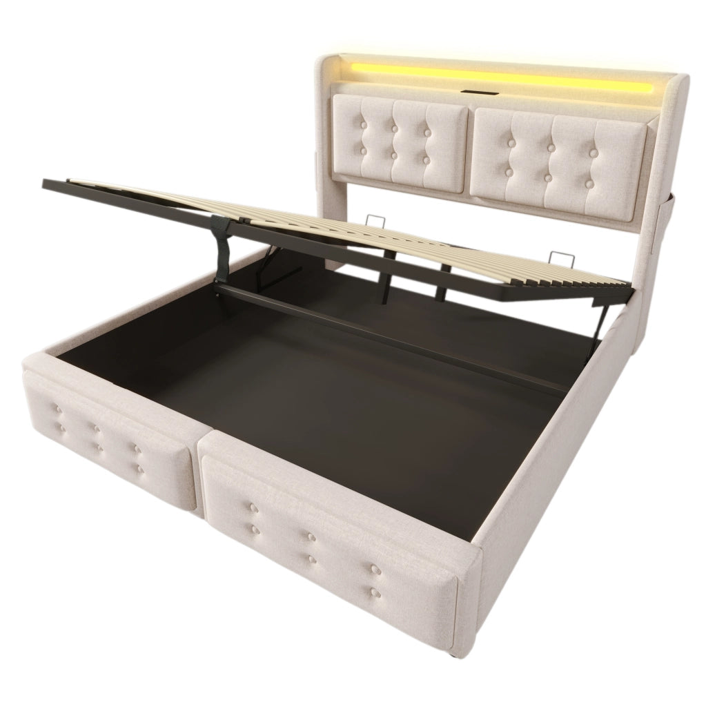 Letto matrimoniale imbottito 160x200 cm con LED; prese USB e contenitore; beige in cotone-lino