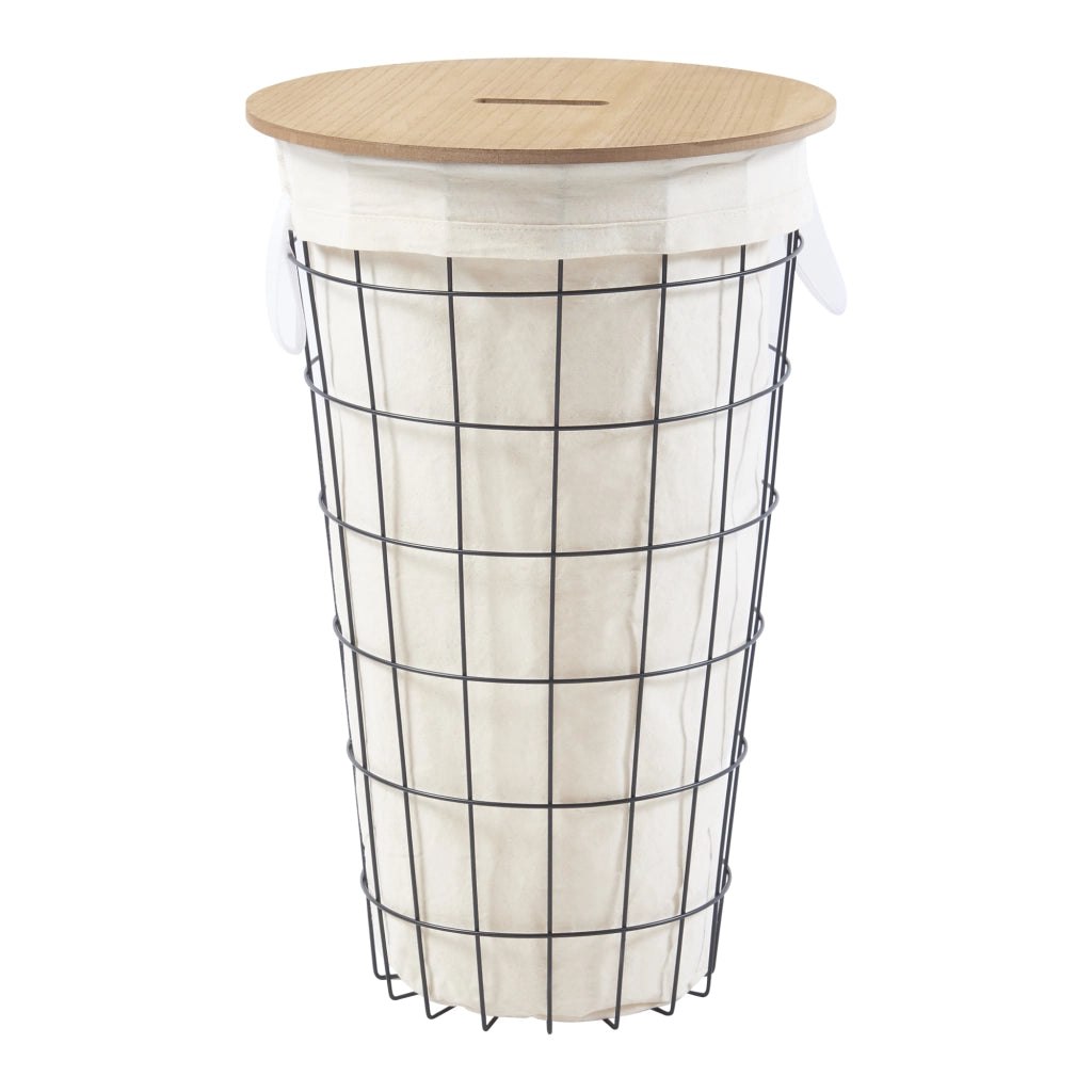Cesto per Bucato 'Skive' Portabiancheria in Metallo con Coperchio in MDF e Sacco in Tessuto - Capienza 40 L [en.casa]