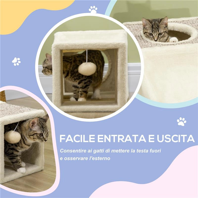 TUNNEL PER GATTI PIEGHEVOLE CON CASETTE, TIRAGRAFFI E PALLINA IN PELUCHE E SISAL, CREMA
