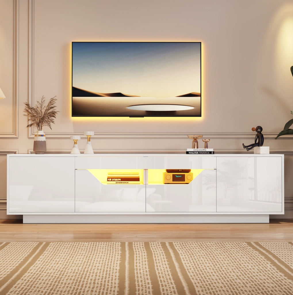 Mobile TV da 180 x 40 x 45 cm con LED e 2 cassetti, bianco lucido