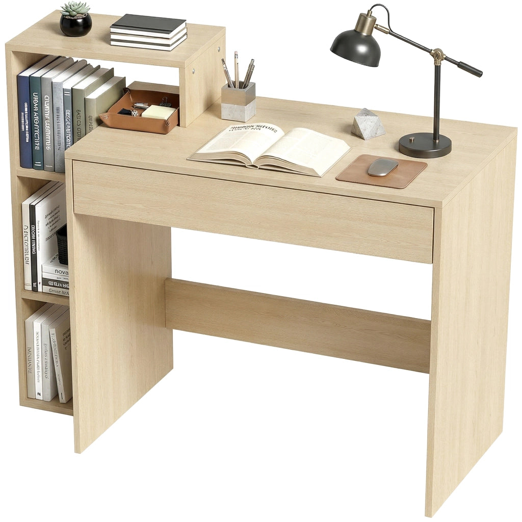 Scrivania PC Moderna con 3 Ripiani Aperti e Cassetto, in Legno, Color Legno, 100x40x90 cm