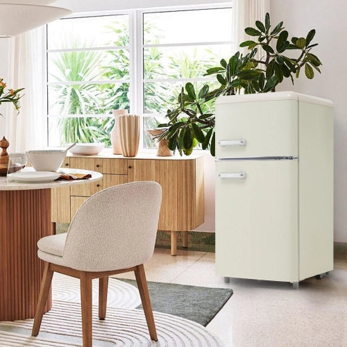 Frigorifero retrò; frigorifero a doppia porta; volume totale 72L; congelatore 21L; luce LED; efficiente energetico; bianco