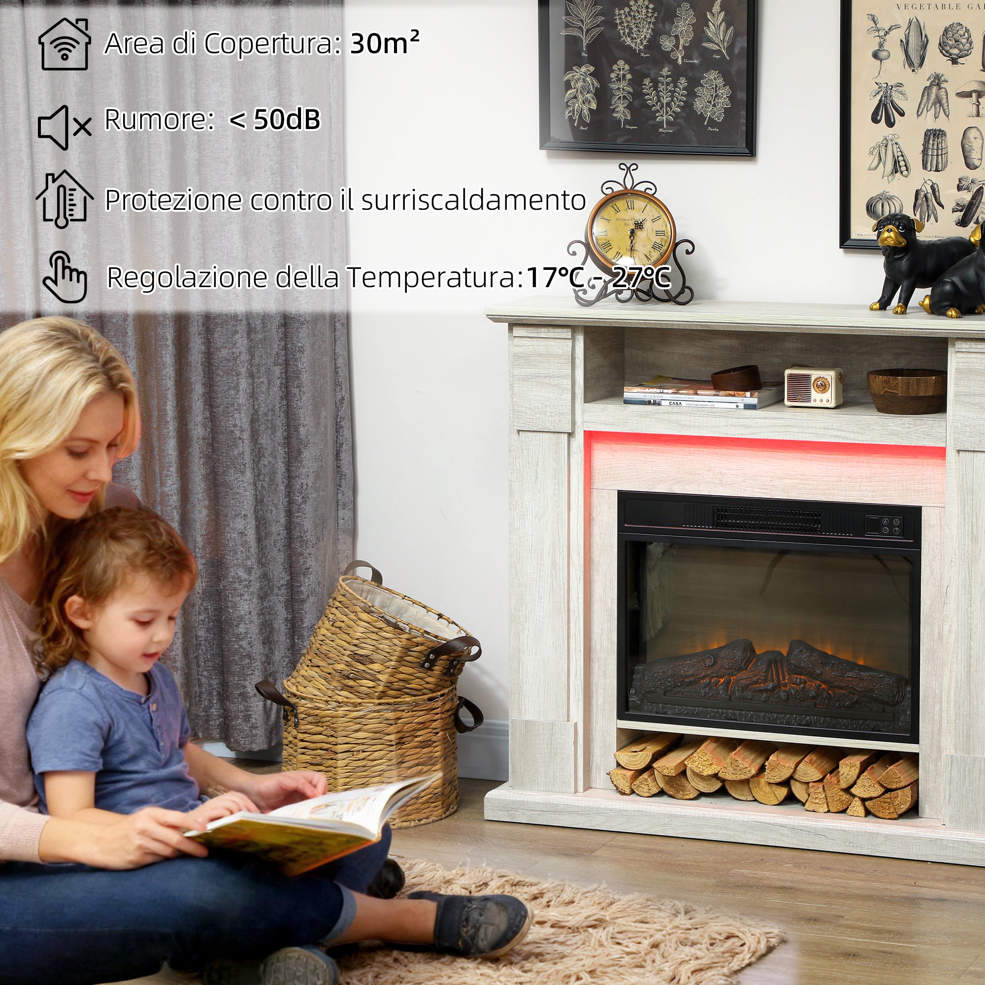 Camino Elettrico da Pavimento 105x27x97 cm 1800W Regolabile con Fiamma 3D Timer e Telecomando color Legno