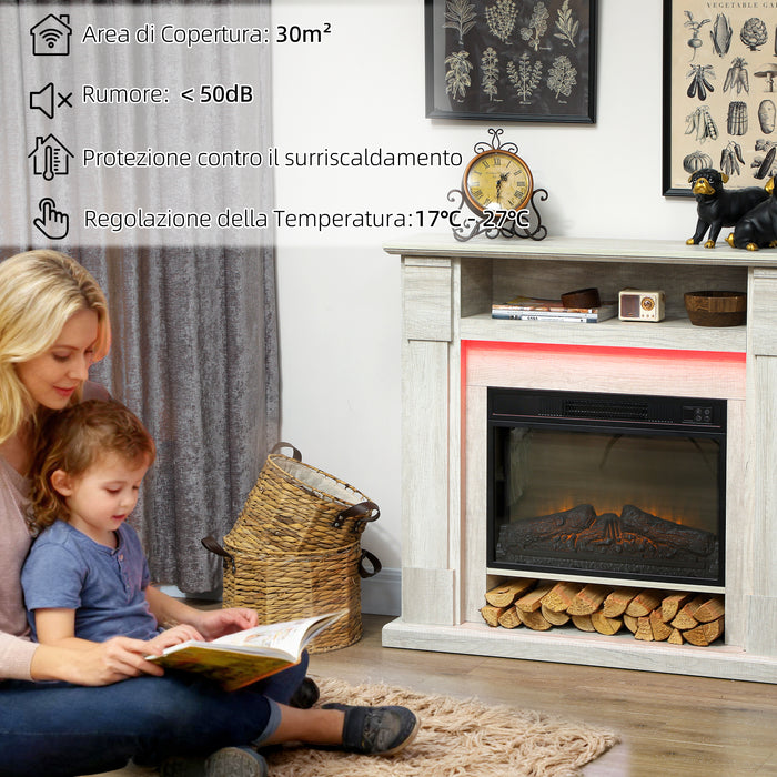 Camino Elettrico da Pavimento 105x27x97 cm 1800W Regolabile con Fiamma 3D Timer e Telecomando color Legno