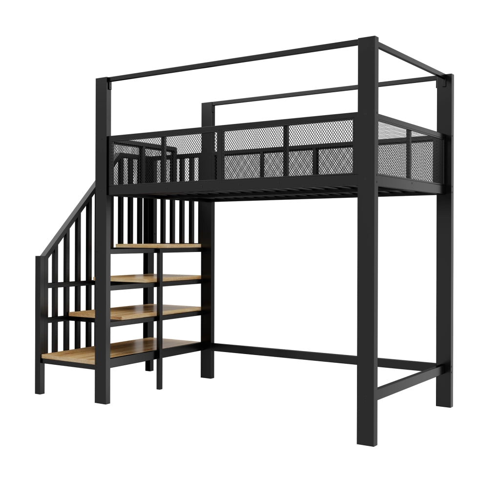 LETTO a soppalco 90x200 cm in metallo nero con scala portaoggetti