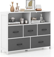 Comò con 5 Cassetti in Tessuto, Cassettiera con 2 Somparti Aperti e Cassetti Rimovibili e Pieghevoli, Porta Tv fino a 50", Armadio Multiuso per Camera da Letto, Soggiorno, 100 x 30 x 78 cm