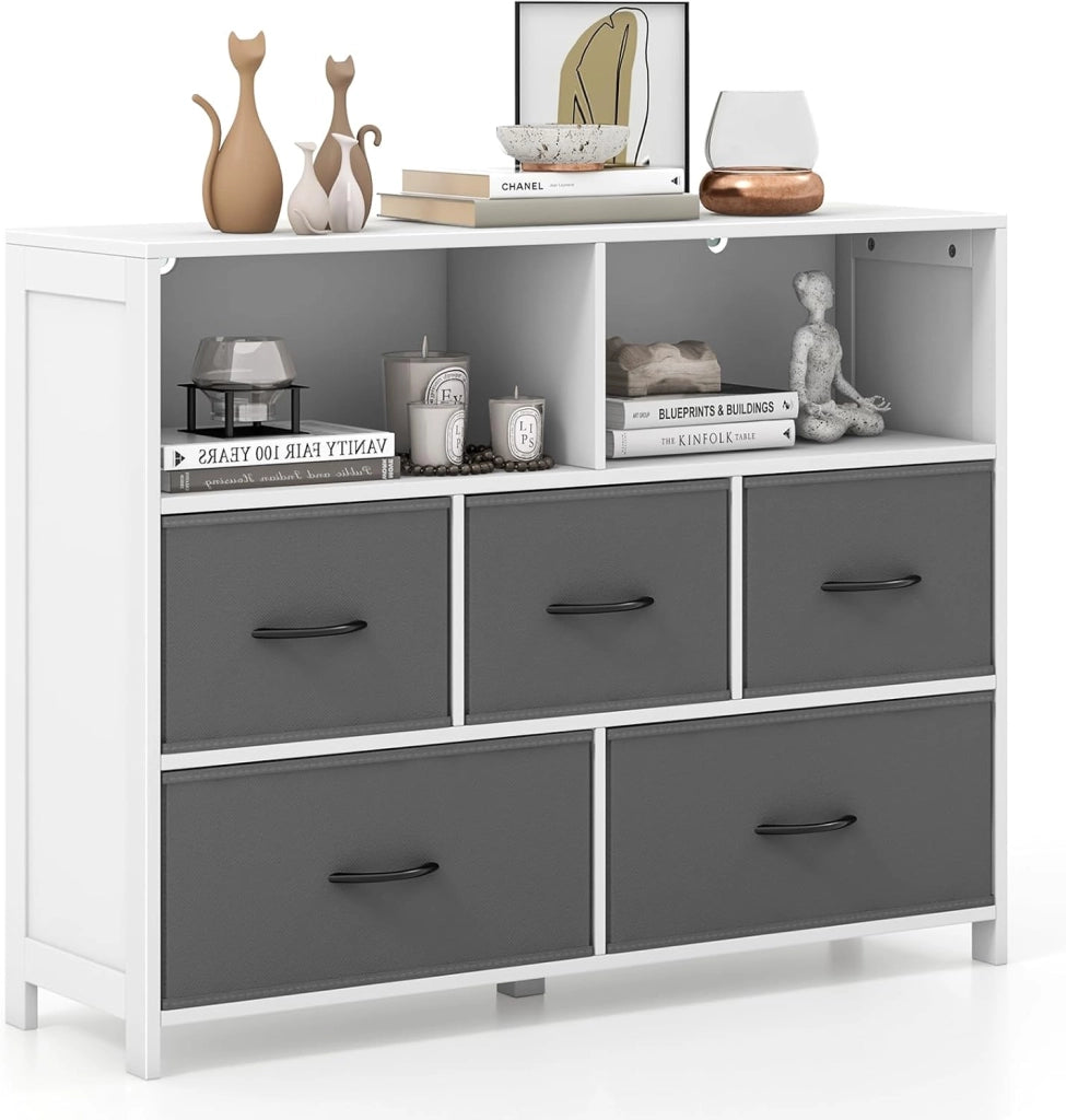 Comò con 5 Cassetti in Tessuto, Cassettiera con 2 Somparti Aperti e Cassetti Rimovibili e Pieghevoli, Porta Tv fino a 50", Armadio Multiuso per Camera da Letto, Soggiorno, 100 x 30 x 78 cm