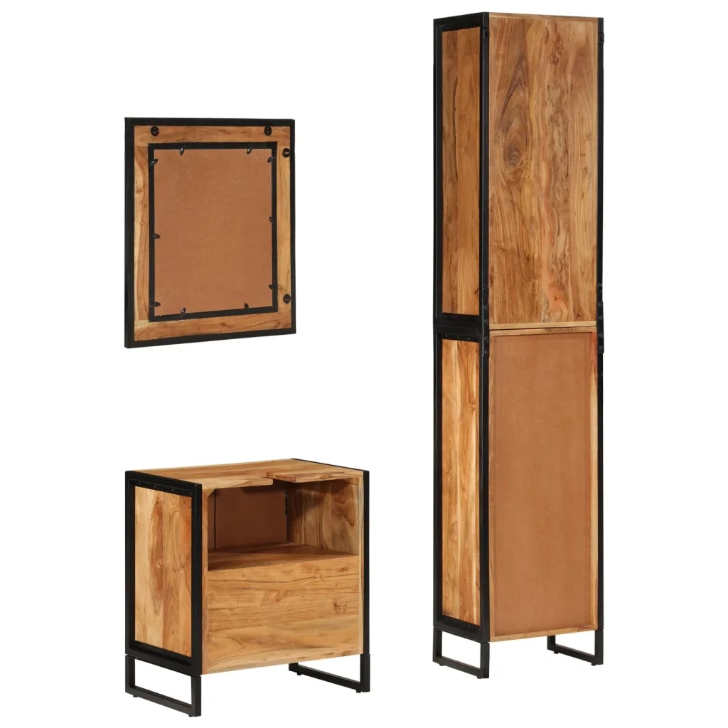 Set Mobili da Bagno 3 pz in Ferro e Legno Massello di Acacia