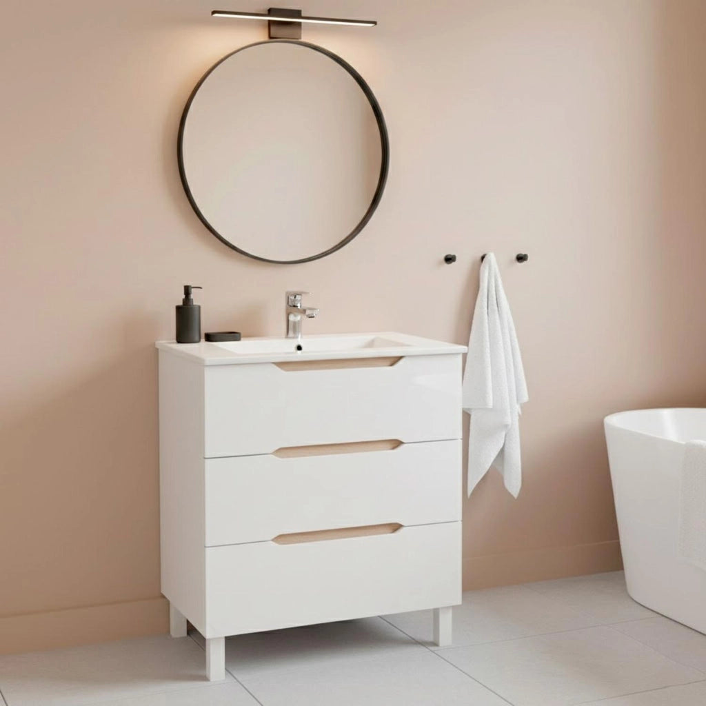 Mobile Bagno A Terra Con 3 Cassettoni Soft Close E Lavabo In Ceramica Monoforo Con Troppopieno Incluso Mobiletto Design Moderno Ed Elegante Salvaspazio 80 x 45 x 86 Cm Colore Bianco