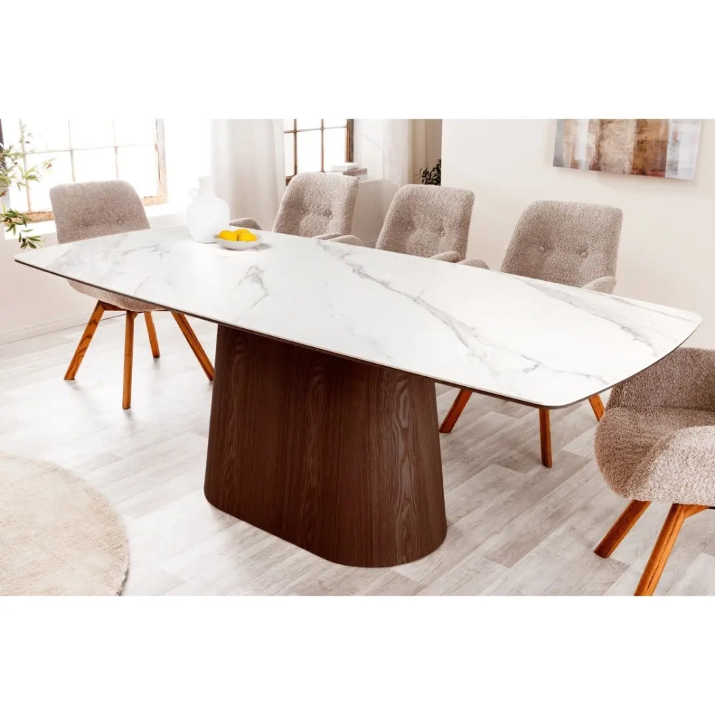 Tavolo rettangolare LUMEA – 200 cm – Piano in ceramica effetto marmo bianco e piede in legno scuro – Stile contemporaneo