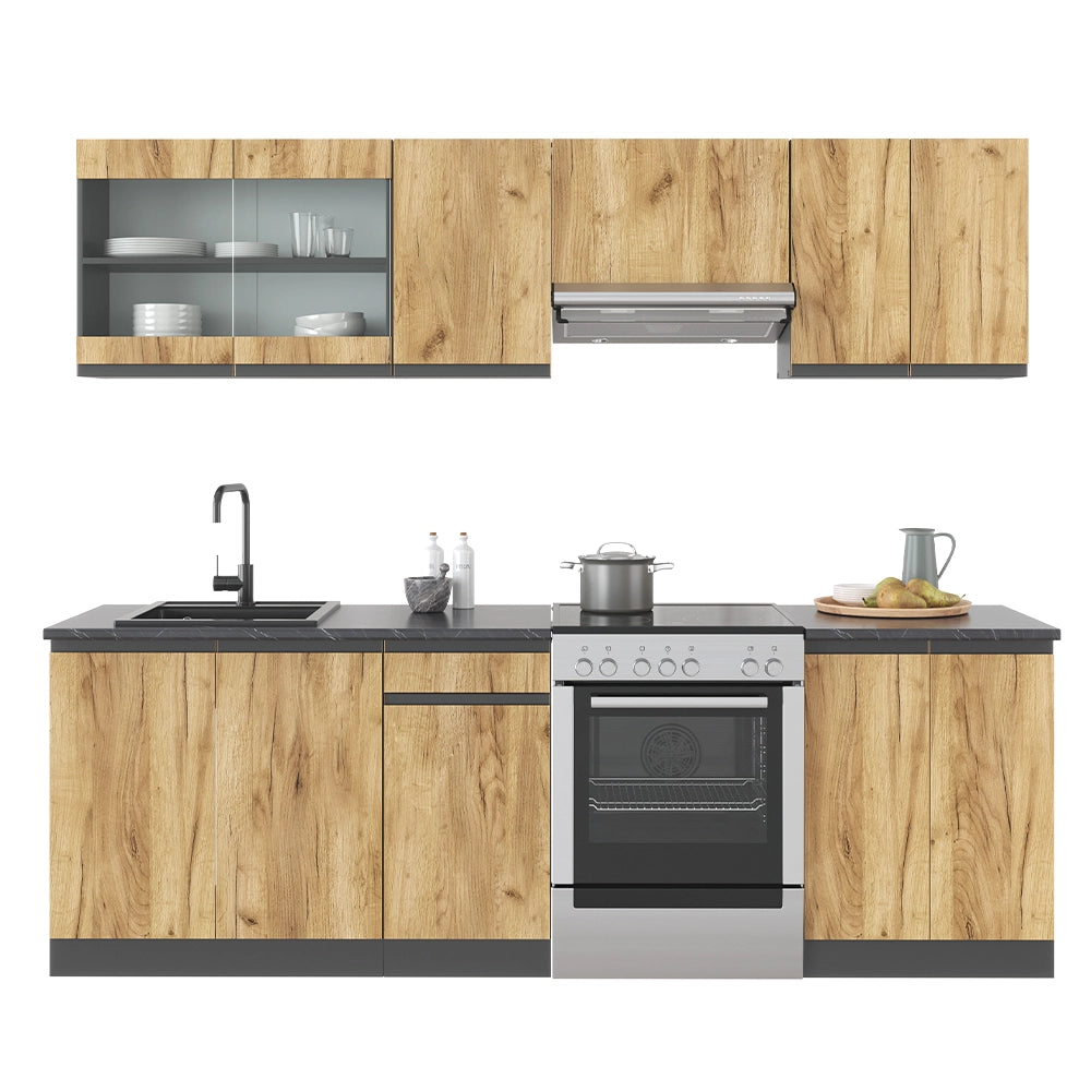 Cucina componibile Raul Rovere dorato/Antracite 240 cm senza piano di lavoro con striscia LED Vicco