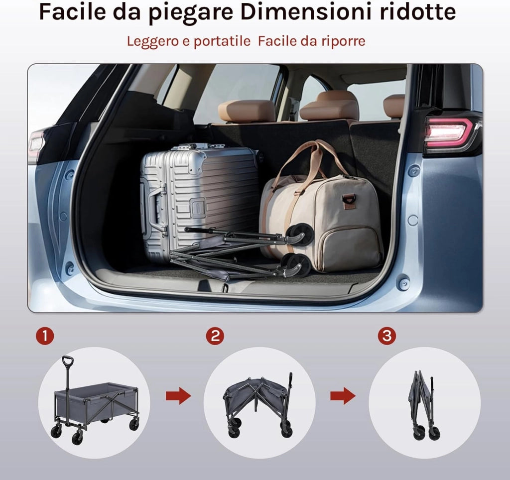 Carrello con Ruote, Carrello da Giardino Pieghevole, Manico Regolabile, 78x43x90cm, Capacità di carico: 80 kg, Ruote per Tutti i Terreni, per Esterni, Giardinaggio, Campeggio, Shopping, Grigio