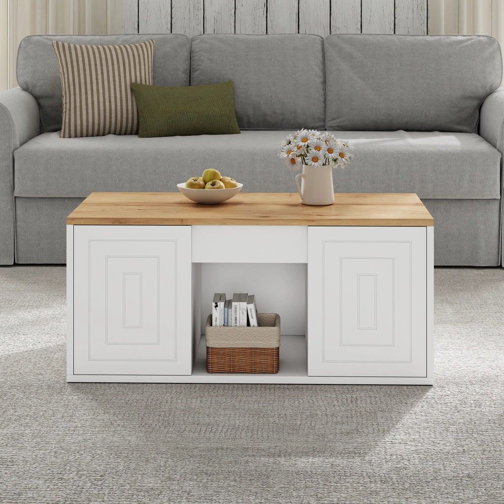 Tavolino basso sollevabile con 2 ante e 6 vani, per soggiorno, in pannello truciolare, bianco e naturale 46 × 95 × 45 cm