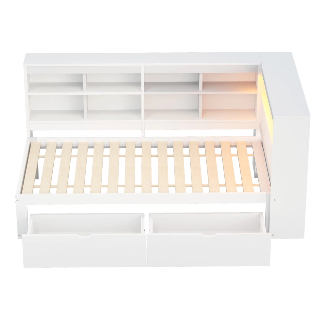 Letto 90x200 cm con contenitori; cassetti; USB e LED in legno