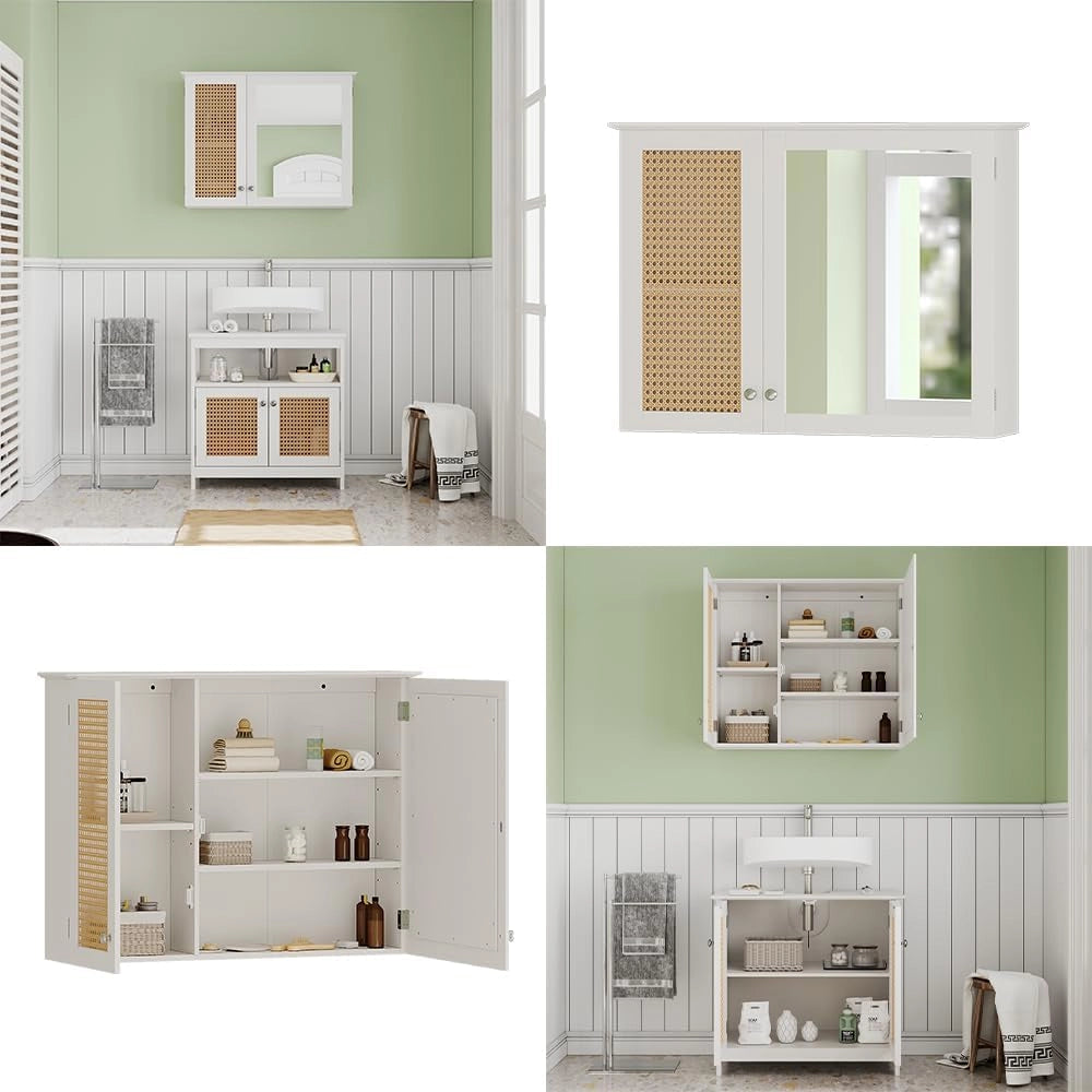 Specchio contenitore bagno Rosario, Bianco, 68 x 49 cm con 2 porte, per la conservazione di articoli da bagno e asciugamani