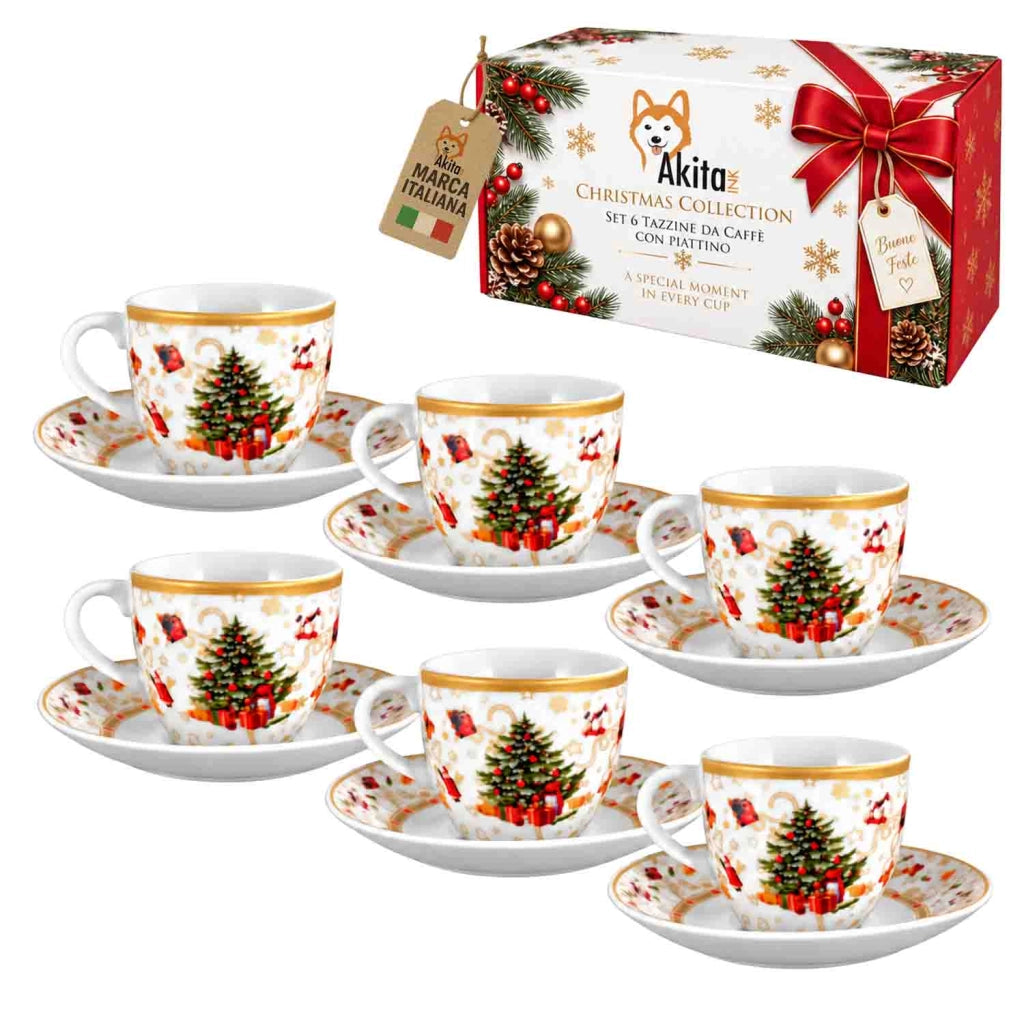 Akitaink 6 Tazzine da Caffe' Christmas Tree Gold con Piattino