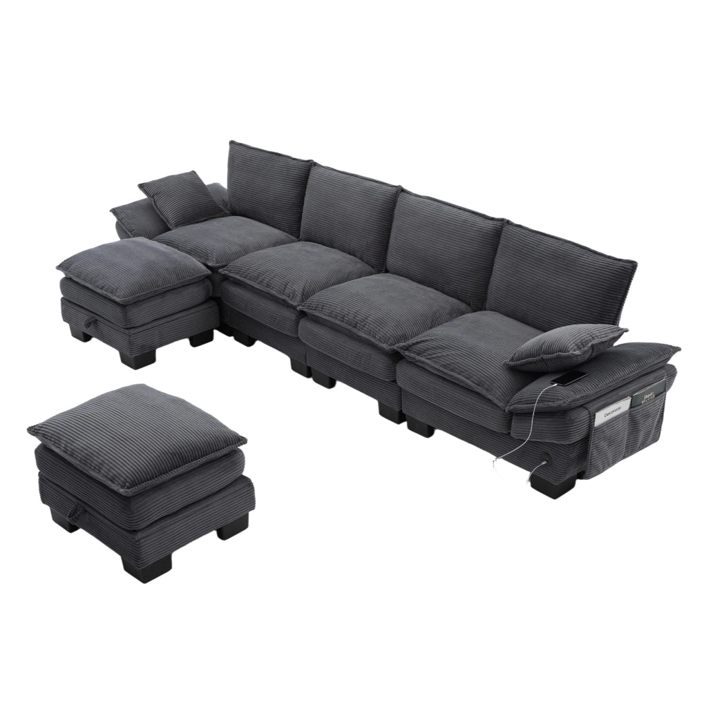 Divano modulare 4 posti ULEVR 330x132x84 cm con 2 pouf, USB-C e tasche laterali, velluto a coste grigio scuro