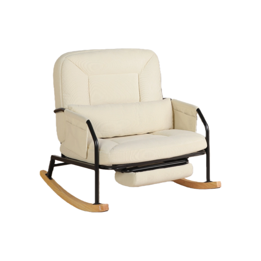 POLTRONA OSCILLANTE con schienale regolabile e poggiapiedi, Beige, velluto a coste