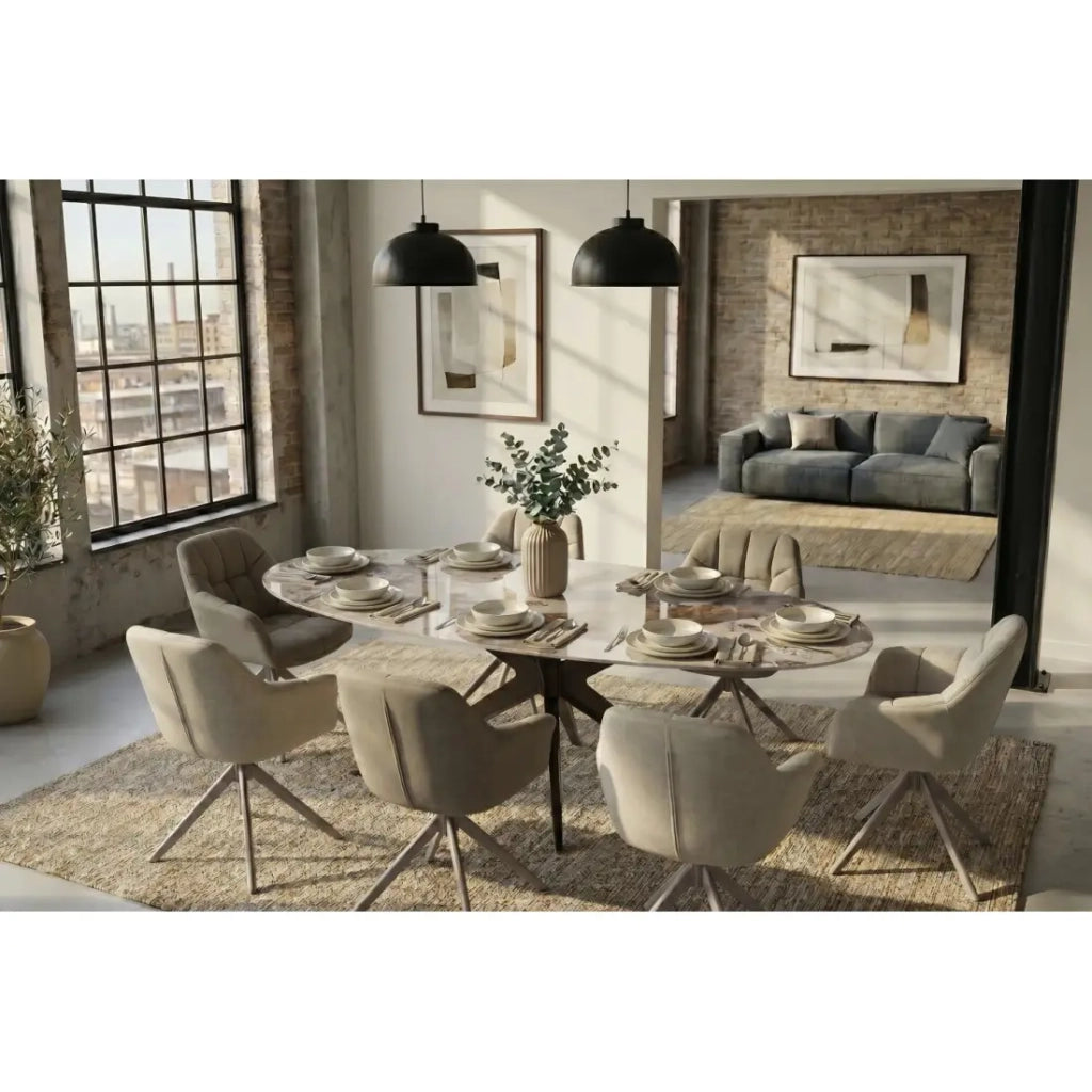 Tavolo da pranzo AVELIS ovale 220 cm in ceramica effetto marmo bianco e metallo bronzo