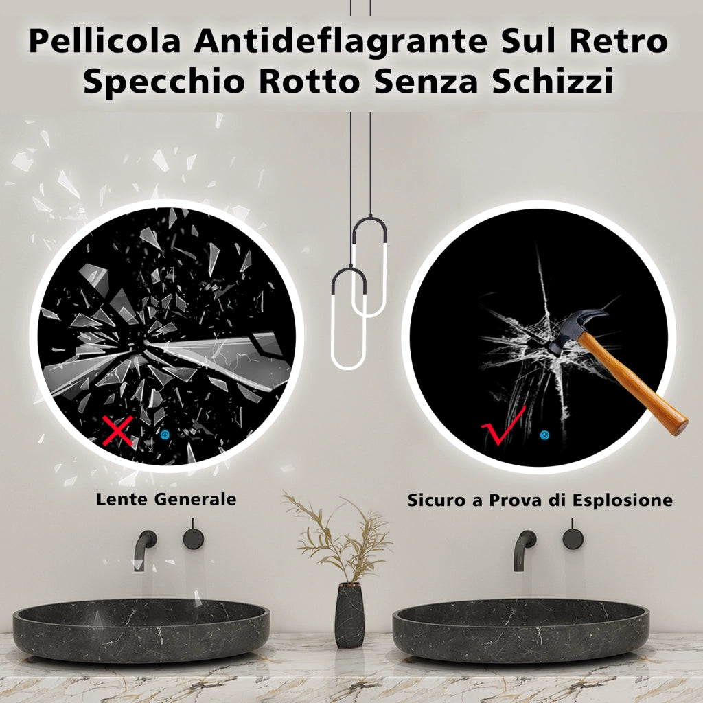 Aica Specchio da bagno rotondo con LED 90 x 90 cm + antiappannamento + interruttore a sfioramento