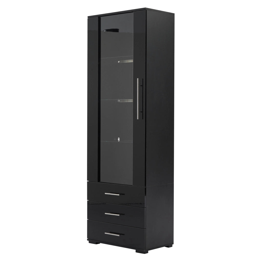 Vetrina alta nera con LED, 3 cassetti e ante in acrilico, 60 x 35 x 180 cm