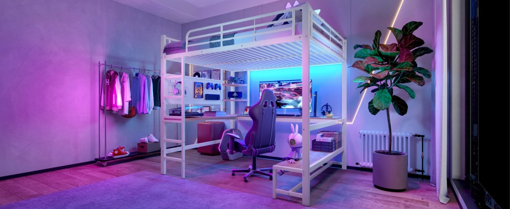 LETTO A CASTELLO 140 x 200 cm con scrivania, LED, USB-C, bianco