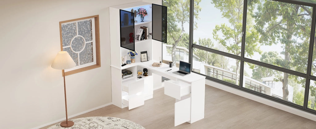 Scrivania angolare con libreria e vetrina LED, 3 cassetti, 2 porte e passacavi, per home office, 120 × 80 × 180 cm