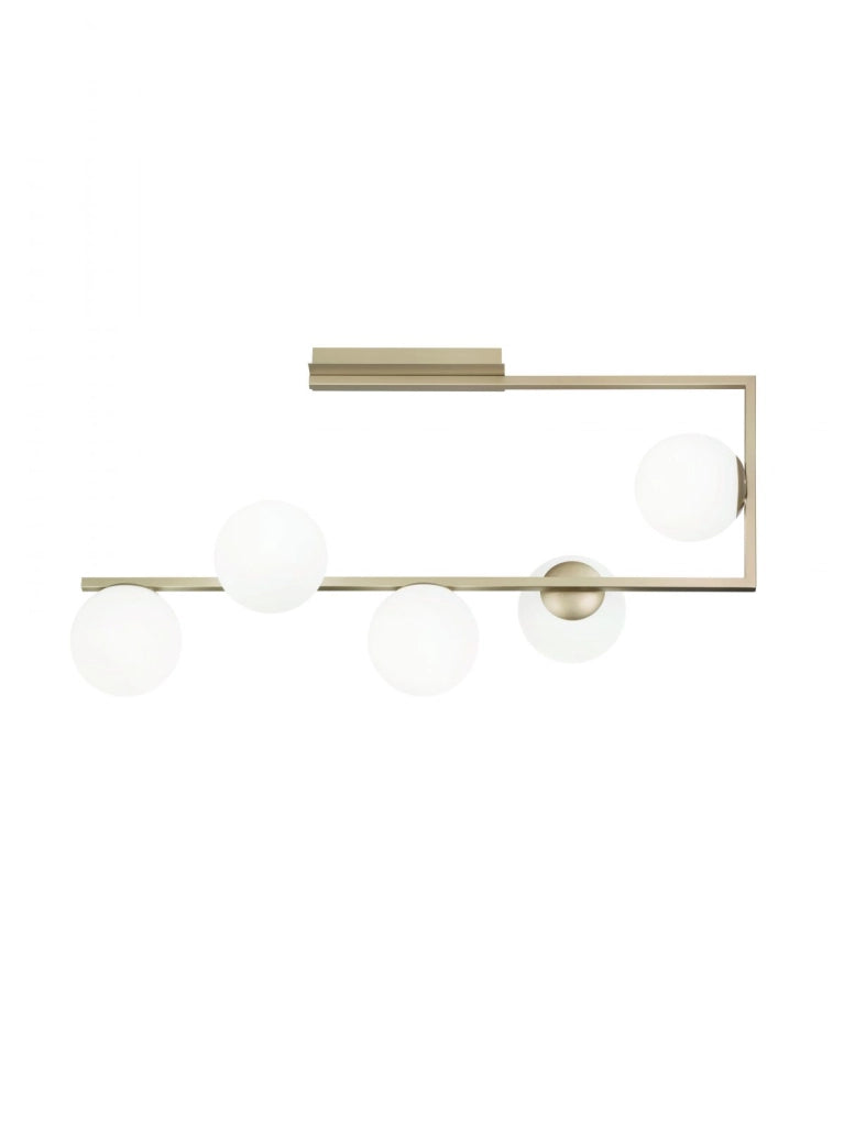 PLAFONIERA MONILE ORO 5 LUCI ATTACCO E14 CON SFERE OPALI  BIANCHE L.85CM