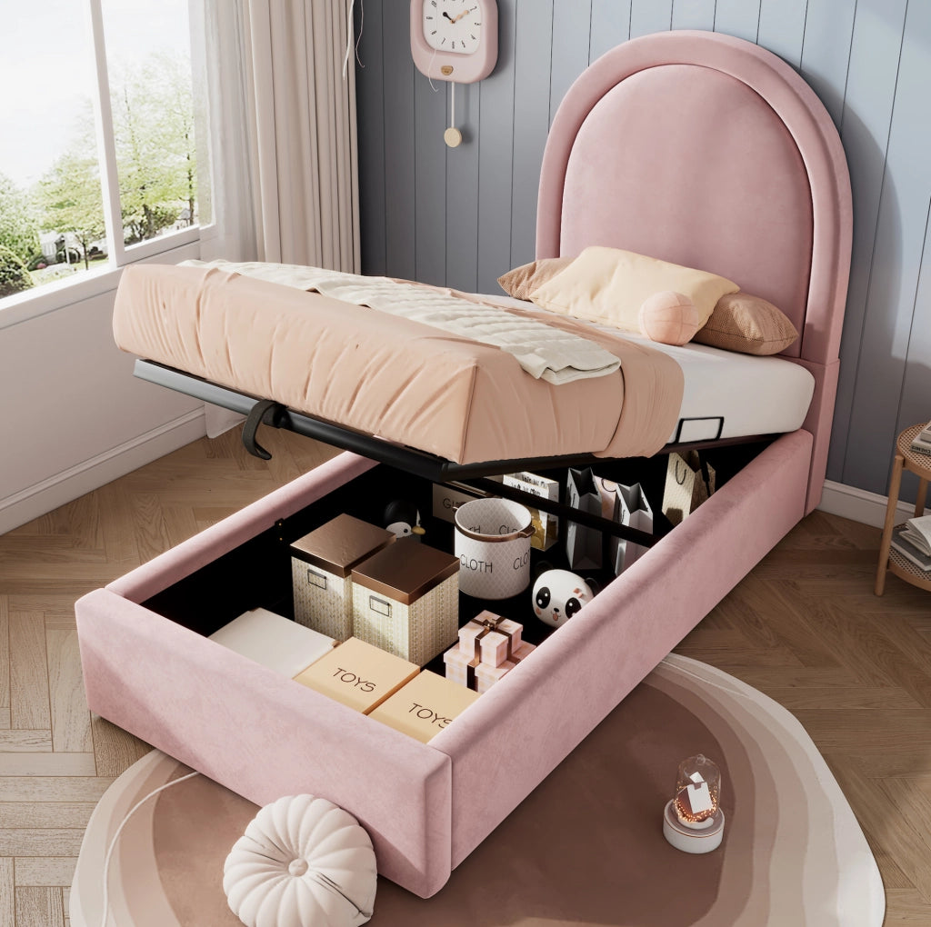 Letto imbottito singolo 90x190 cm in velluto rosa con contenitore e rete sollevabile