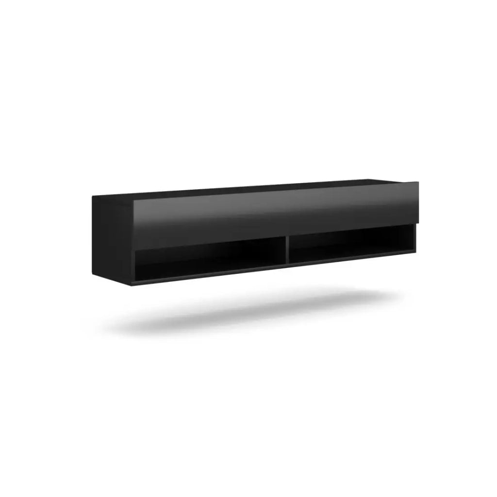 Mobile porta TV sospeso design CLUJ, 140 cm, 1 anta e 2 vani, colore nero e nero lucido.