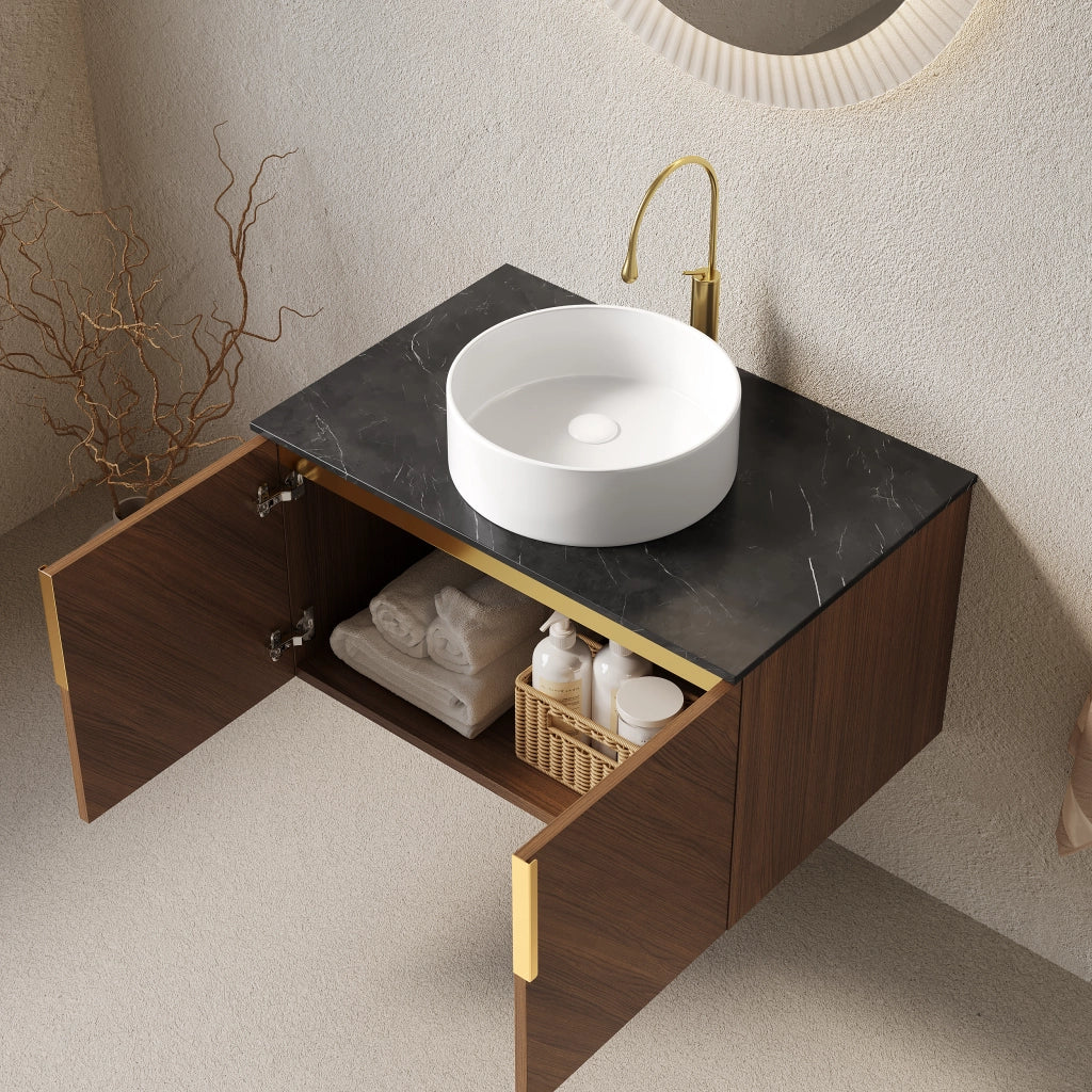 Mobile sottolavabo da bagno con lavabo in ceramica e 2 ante, chiusura ammortizzata, rovere marrone, per bagno, 76 cm