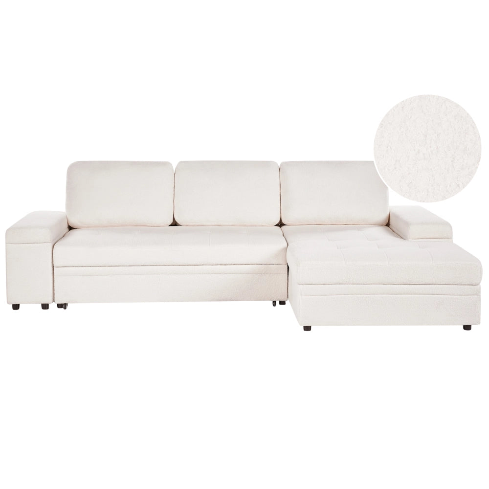 Divano letto angolare Bianco Boucle imbottito Orientamento a sinistra con letto contenitore
