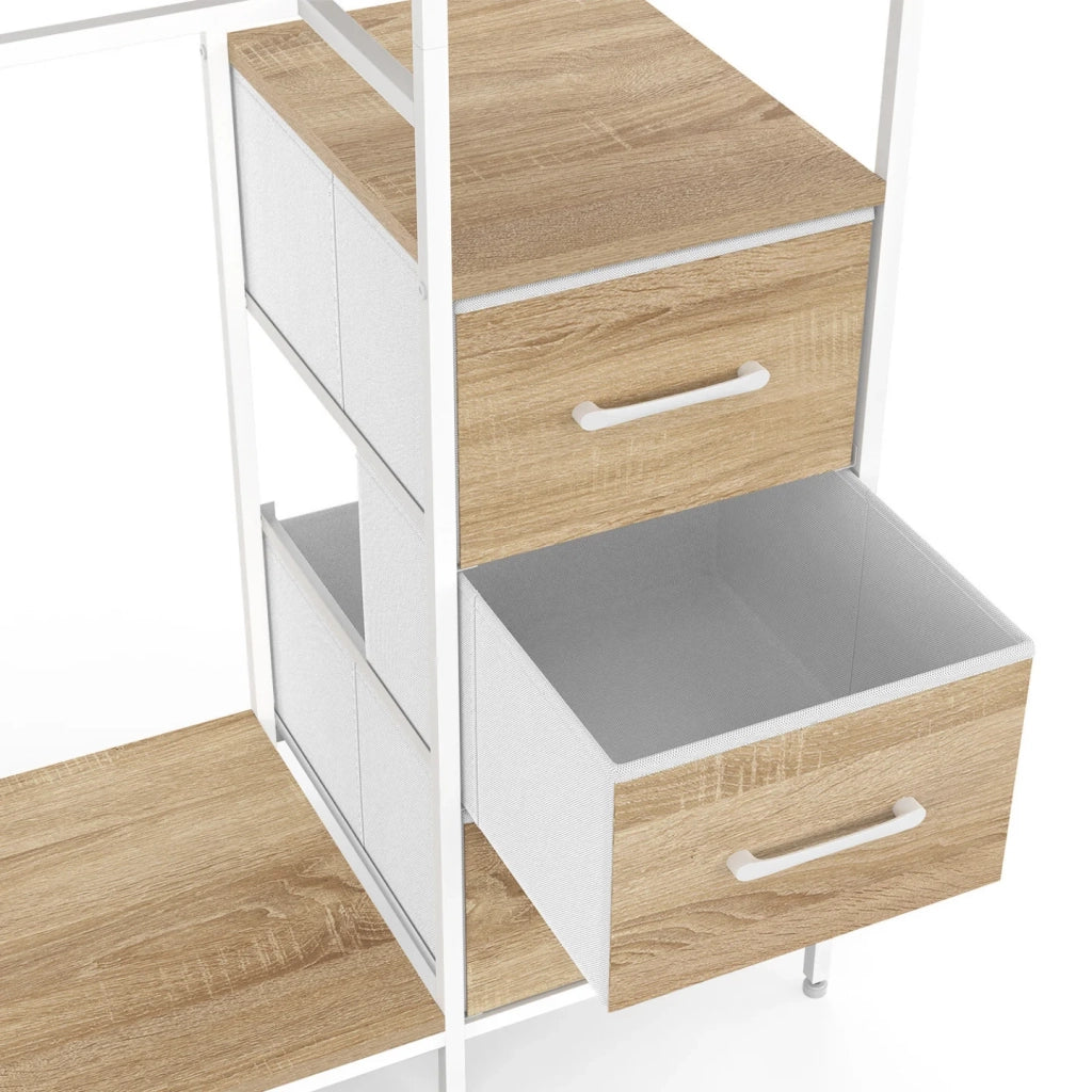IDMarket - Armadio doppio UTAH + colonna doppia L. 140 cm con 6 ripiani e 6 cestini in legno e tessuto bianco