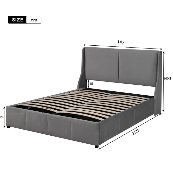 Letto matrimoniale in velluto grigio con contenitore 140x190 cm