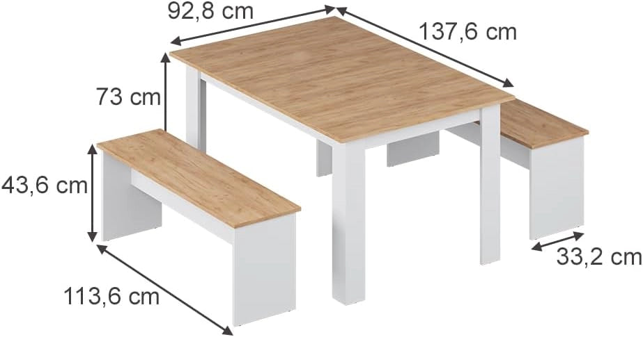Set di panche ad angolo Sentio, Rovere bianco/dorato, 137.6 x 92.8 cm con 2 panche, per un utilizzo salvaspazio in sala da pranzo e cucina