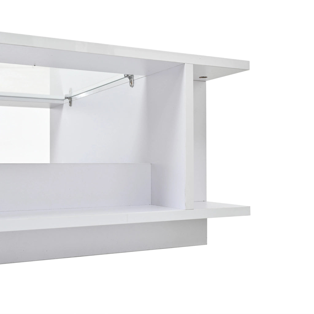 Tavolino da caffè 70x70x30 cm con illuminazione LED; piano in vetro e finitura lucida; truciolare bianco