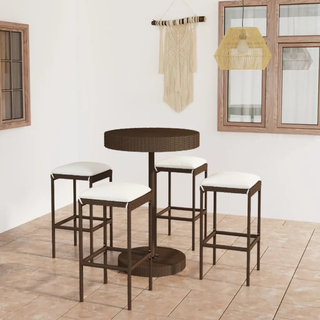 Set da Bar da Giardino 5 pz | Set Salotto da Giardino con Cuscini in Polyrattan Marrone