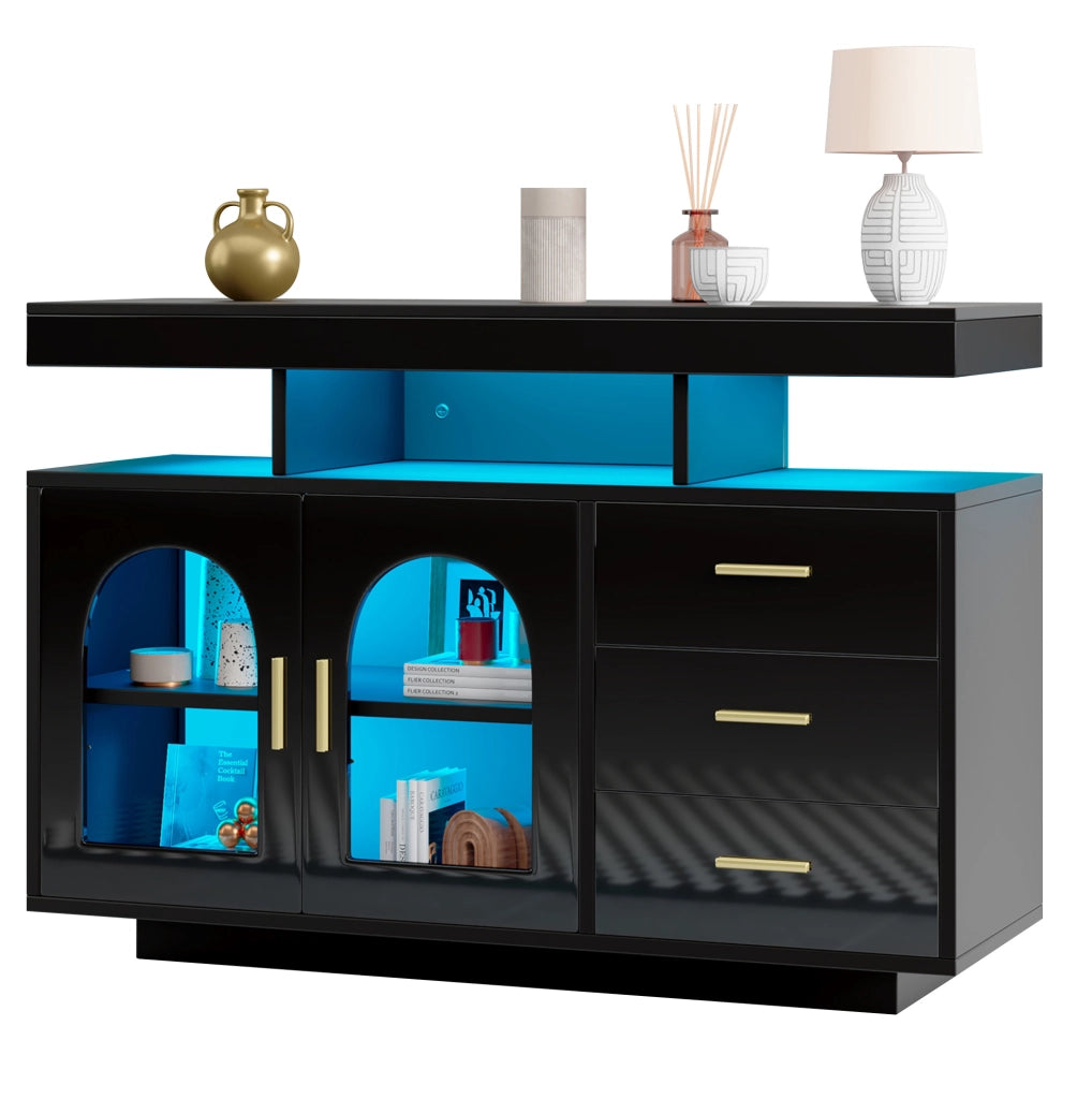 Sideboard buffet moderno 120x40x80 cm in truciolare nero lucido con LED RGB e ante in acrilico