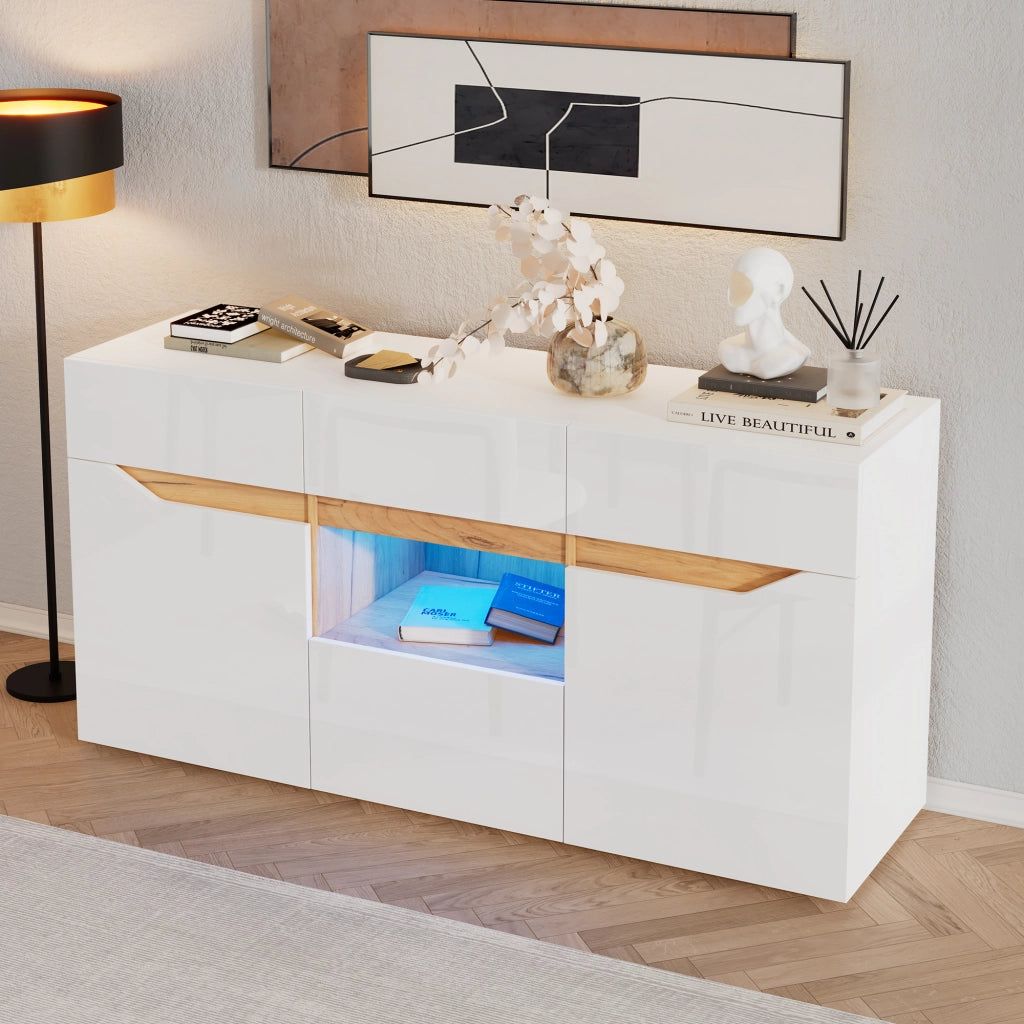 Sideboard soggiorno 140 x 40 x 70 cm con 4 cassetti, 2 ante, LED smart, finitura bianco e legno