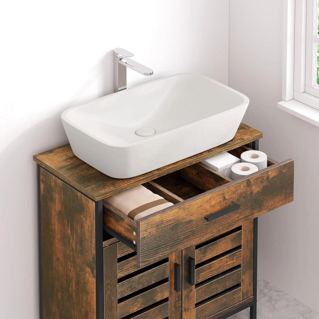 Mobiletto, Mobile Lavabo, Mobile Bagno, con 1 Cassetto Grande, 2 Ante a Ribalta, Ripiano Regolabile, MDF, 60x30x60cm, Marrone Rustico