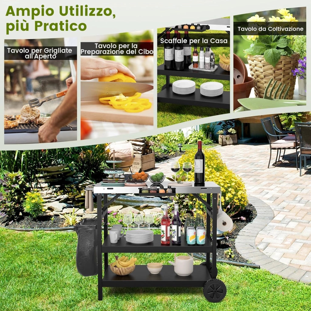 Carrello Barbecue da Esterno con 3 Ripiani, Carrello da Cucina Esterno con Ripiano Regolabile, Carrello Multifunzionale per Esterno, Struttura in metallo