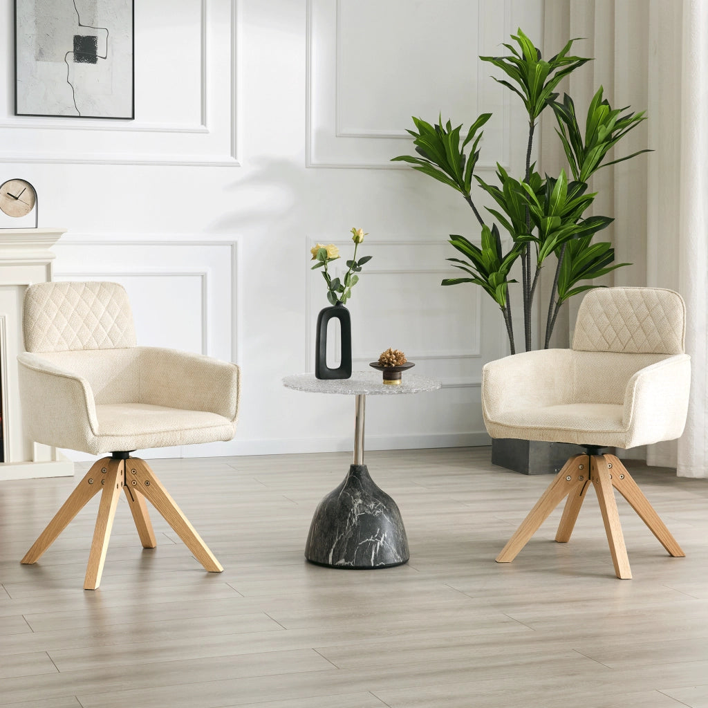 Sedia da Pranzo Set da 2 Girevole a 360° con Braccioli e Gambe in Legno Massello in Tessuto Bianco e Legno